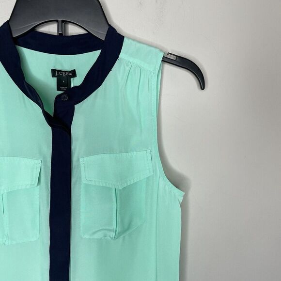 J.CREW Top Womens 2 Mint Green Sleeveless Popover Blouse NEW Blue Trim 58881 - Picture 2 of 9